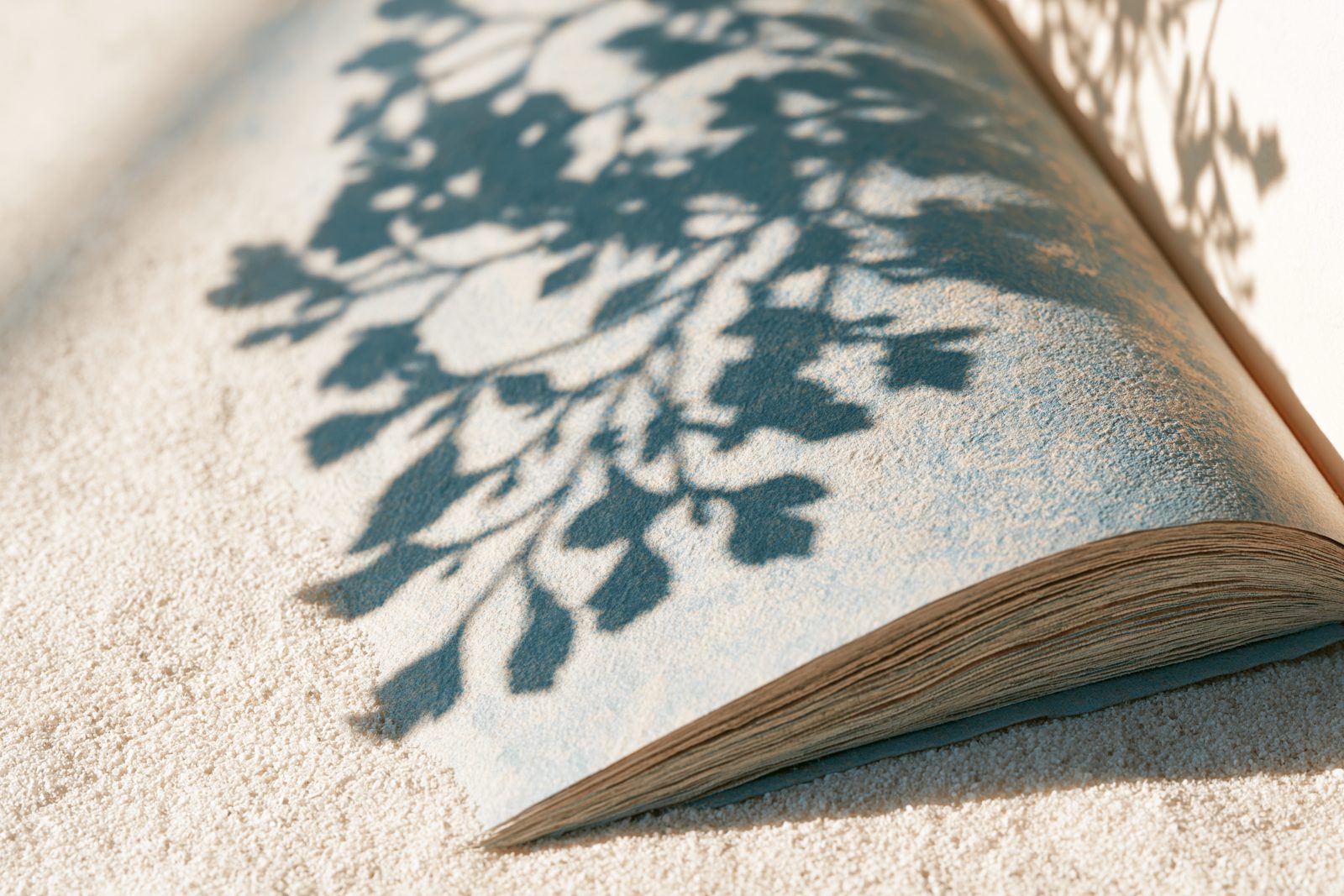 An open hand-bound Tree of Life book on a sand-toned surface, botanical shadow falling across the page